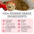 A red measuring scoop filled with Dr. Harvey's 100% human-grade dry dog food pre-mix showing grains, vegetables, and crushed eggshell.