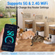 Multiple pets eating from automatic feeders while a smartphone displays 5G connection speed and individual pet eating data.