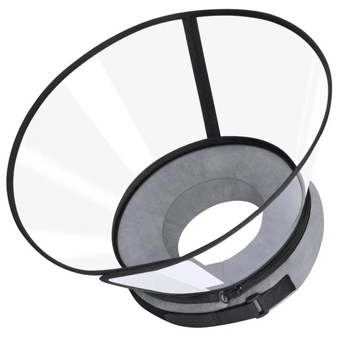 Fully assembled dual-mode dog recovery cone with a transparent plastic shield and soft grey foam collar base.