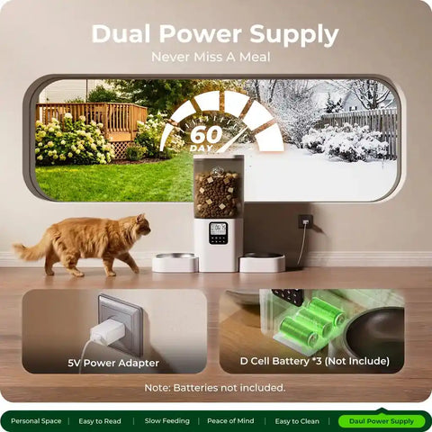 dual-power-supply-pet-feeder-battery-backupTechnical diagram showing the dual power supply system with a 5V adapter and D-cell battery backup to ensure continuous feeding during power outages.