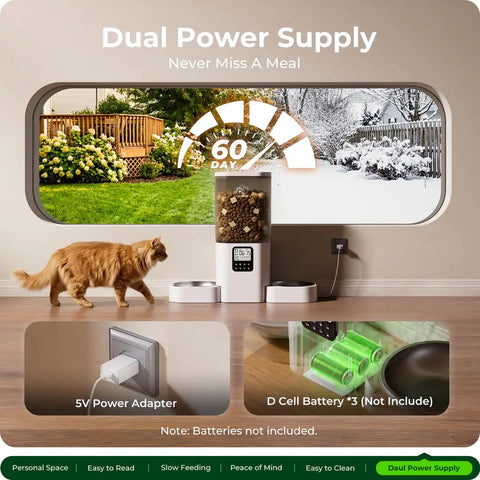 dual-power-supply-pet-feeder-battery-backupTechnical diagram showing the dual power supply system with a 5V adapter and D-cell battery backup to ensure continuous feeding during power outages.