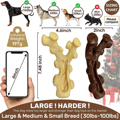 Size and dimension chart for the large breed hard nylon dog chew toy comparing sizes for small, medium, and large dogs.