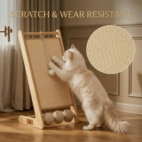 Close-up texture of the durable, wear-resistant natural sisal mat on a wooden frame as a long-haired cat stretches and scratches.