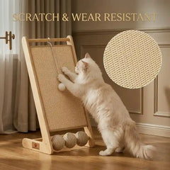 Close-up texture of the durable, wear-resistant natural sisal mat on a wooden frame as a long-haired cat stretches and scratches.