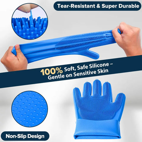 Demonstration of high-elasticity, tear-resistant silicone material and non-slip inner texture of the grooming glove.