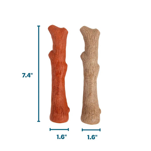 Product dimensions showing a 7.4-inch length and 1.6-inch width for a wood-blend dog chew stick.