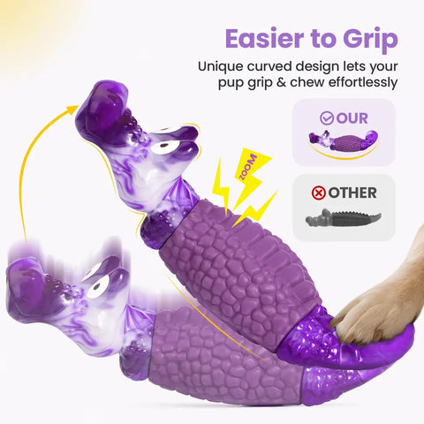 Ergonomic curved dog toy design featuring a raised tail for easy gripping and effortless chewing for medium to large dogs.