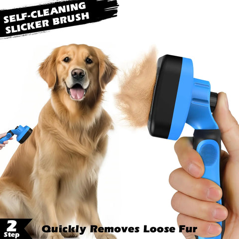 A close-up demonstration of a hand peeling away a solid layer of pet hair from a retractable blue grooming brush.