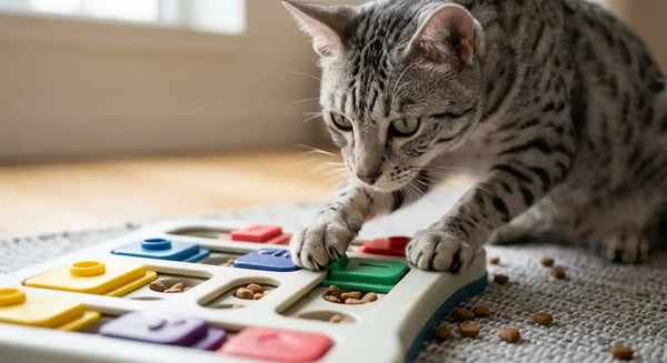 Close-up of an intelligent Egyptian Mau cat using its paw to interact with a colorful plastic puzzle feeder, with a few kibbles visible on the mat nearby.
