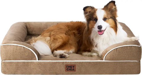 Camel brown EHEYCIGA orthopedic memory foam bolster dog bed with white piping detail