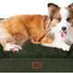Dark green EHEYCIGA orthopedic memory foam dog bed with resting Shetland Sheepdog