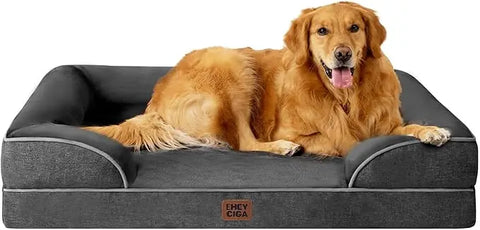 Dark grey EHEYCIGA orthopedic bolster memory foam dog bed with resting Golden Retriever