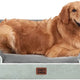 Greyish green EHEYCIGA orthopedic memory foam bolster dog bed with resting Golden Retriever