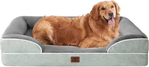 Greyish green EHEYCIGA orthopedic memory foam bolster dog bed with resting Golden Retriever