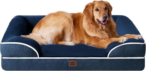 Navy blue EHEYCIGA orthopedic memory foam dog bed with white rim piping and Golden Retriever