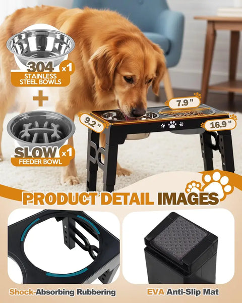 Product detail view showing 304 stainless steel bowl, slow feeder, shock-absorbing rubber rings, and anti-slip feet.