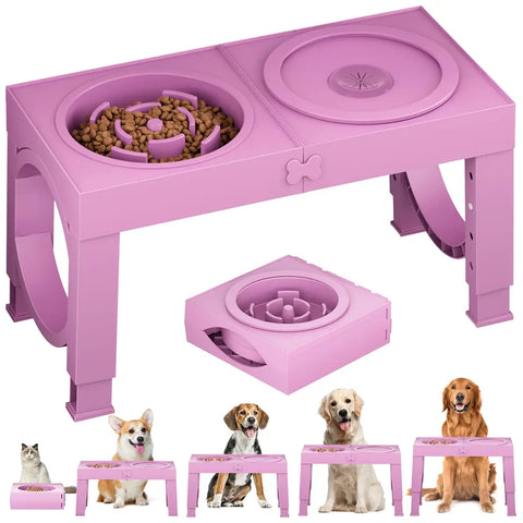 Pink height adjustable raised dog bowl stand featuring slow feeder and splash-proof water bowl set