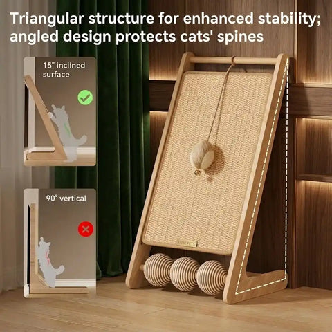 Diagram illustrating the stable triangular structure and 15-degree inclined surface designed to protect a cat's spine compared to a 90-degree vertical scratcher.