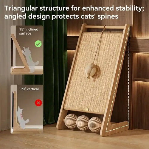 Diagram illustrating the stable triangular structure and 15-degree inclined surface designed to protect a cat's spine compared to a 90-degree vertical scratcher.