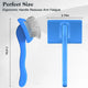 Blue ergonomic dog slicker brush measuring 7.41 inches long by 3.74 inches wide