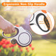 Close-up and dimensions of the 3.68-inch ergonomic non-slip handle on a retractable dog leash designed to reduce hand fatigue.
