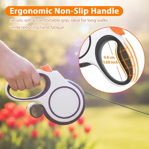 Close-up and dimensions of the 3.68-inch ergonomic non-slip handle on a retractable dog leash designed to reduce hand fatigue.