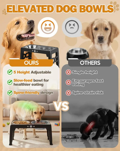 Comparison chart showing how elevated dog bowls improve posture and spinal health versus floor feeding.