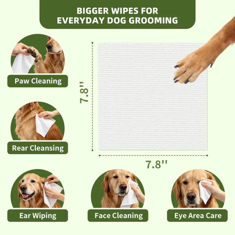 7.8 by 7.8 inch large dog grooming wipes infographic showing paw eye ear and face cleaning on a golden retriever