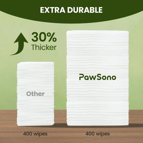 Thickness comparison chart showing a stack of 400 PawSono pet wipes is 30% thicker than 400 wipes from a competitor brand.
