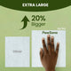 Size comparison chart showing an 8 by 9 inch PawSono pet wipe under a human hand, highlighting it is 20% bigger than standard wipes.