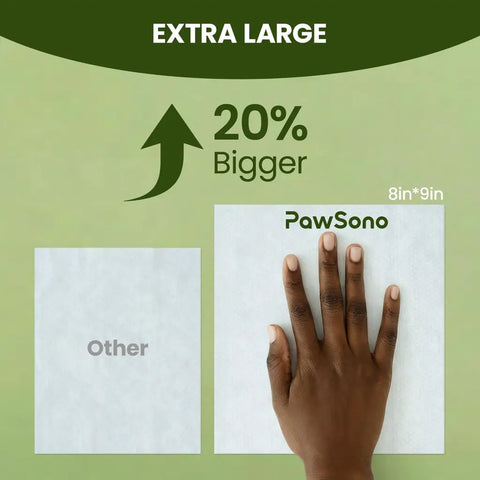 Size comparison chart showing an 8 by 9 inch PawSono pet wipe under a human hand, highlighting it is 20% bigger than standard wipes.