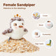 Female sandpiper plush cat toy highlighting key features including crown, eyelashes, blush, and colorful feet