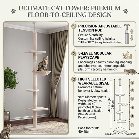5-level floor-to-ceiling cat tree with height-adjustable tension rod and scratching posts