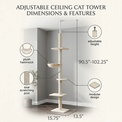 Height and width dimensions diagram for adjustable floor-to-ceiling cat tree tower