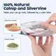 Hands inserting natural catnip and silvervine powder pouch into the plush fish toy's inner pocket.