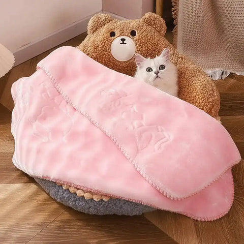 Fluffy pink blanket over cat bed with teddy bear design and cat.