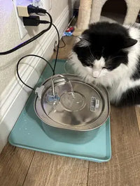A customer review image featuring a fluffy black and white tuxedo cat leaning over to drink from an automatic stainless steel pet water fountain running on a teal silicone floor mat.