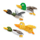 Four different styles of plush flying duck dog toys including classic green-headed mallards and a fuzzy yellow duck