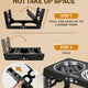 Step-by-step instructions showing how to adjust and fold the legs of the Jovrun elevated dog bowl stand.