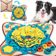 Foldable yellow and blue flower-shaped dog snuffle mat with interactive feeding pockets and Border Collie.