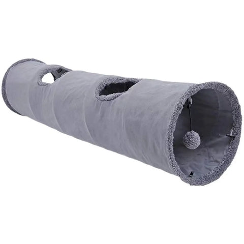 Foldable plush cat tunnel in gray with collapsible design for storage.