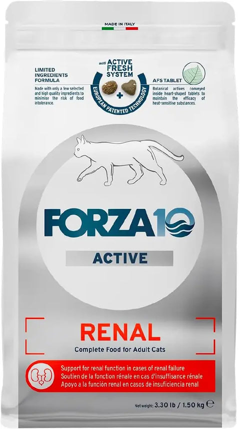 Front view of a 1.50 kg bag of Forza10 Active Renal complete dry food for adult cats, featuring support for renal function failure.