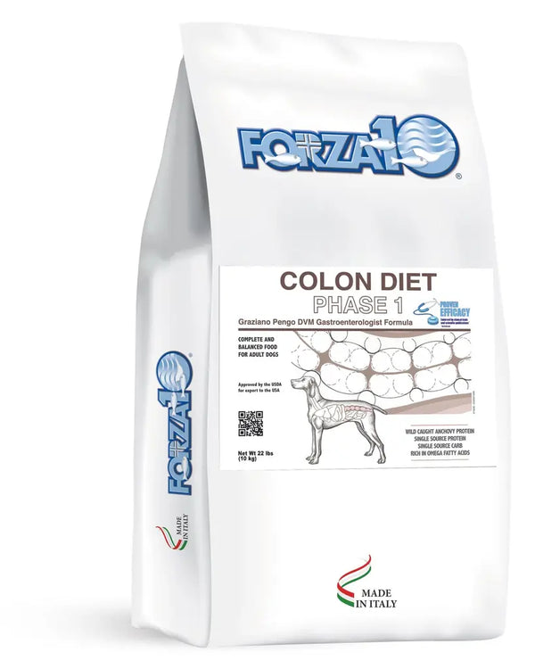 Forza10 Colon Diet Phase 1 dog food package on white background.