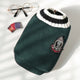 Four dog sweaters in gray, green, red, and brown with logo.