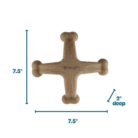 7.5-inch cross-shaped dog chew toy with four ends for gnawing, made from a real-wood blend.