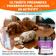 Comparison showing an open bottle of spoiled, molded dog tablets versus a jar of fresh, sealed purple dog probiotic soft chews.