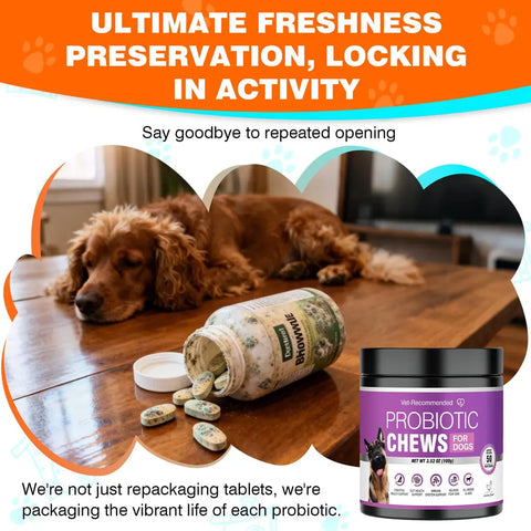 Comparison showing an open bottle of spoiled, molded dog tablets versus a jar of fresh, sealed purple dog probiotic soft chews.