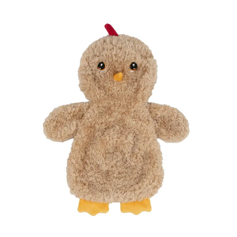 Fuzzy tan chick plush dog toy with yellow feet and a red top knot