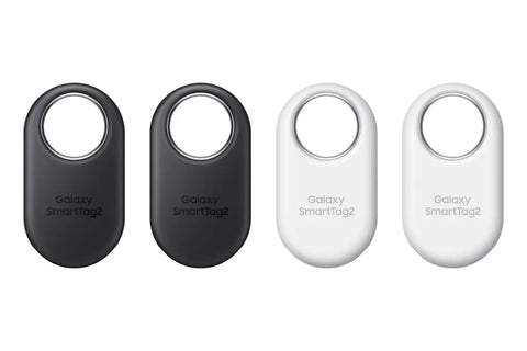 4-pack front view comparison of Samsung Galaxy SmartTag2 in both Black and White colors.