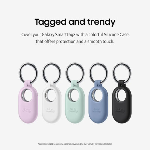 Multiple colorful silicone protective cases for Samsung Galaxy SmartTag2 with keyrings.